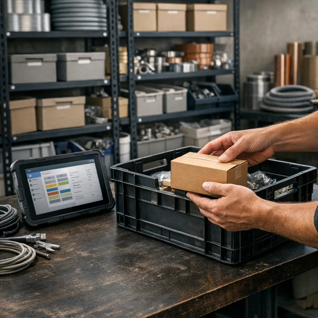 Organisiertes Materiallager mit Tablet und Handwerksbedarf